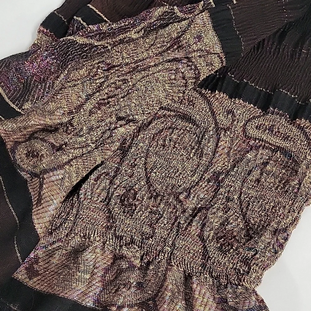 Brown Black Tan Sparkle Paisley Like Print Women's Scarf with Black Fringe